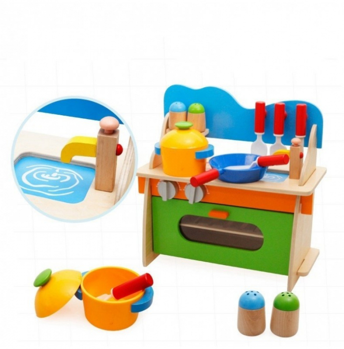 Bucatarie multifunctionala din lemn pentru copii cu multiple accesorii, multicolor [3]