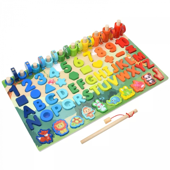 Joc 7 in 1 din lemn Montessori logaritmic, litere, cifre, forme, animale salbatice, forme geometrice si pescuit magnetic [5]