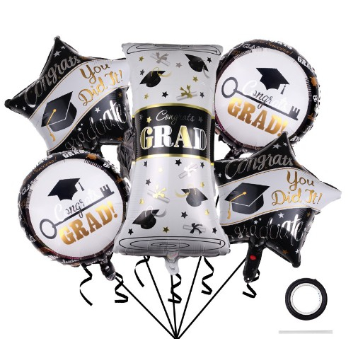 Baloane cu tematica Absolvire, set din 5 baloane, 1 Figurina Diploma, 2 stele, 2 rotunde, din folie de aluminiu, 70 x 40 cm, Aer si Heliu, Alb Negru [1]