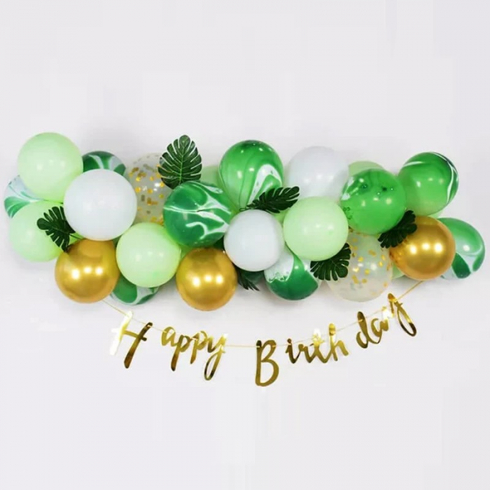 Baloane decorative din Latex si Banner Happy Birthday, Model Aniversare, Set 37 de Piese, Verde, Auriu, Alb [1]