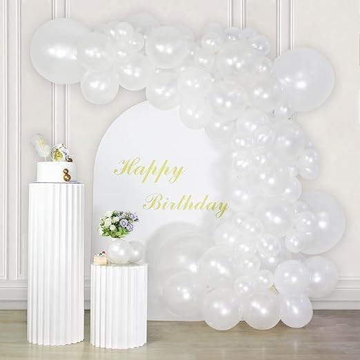 Baloane din Latex pentru Arcada, Set din 120 baloane, Model Party, Botez, Pai transparent si adeziv inclus in cutie, 23 cm, Alb [2]