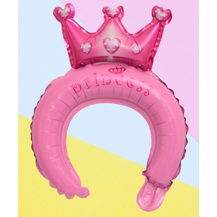 Balon din Folie Metalizata,  Tip Coronita cu Urechi, Model Coronita de Printesa, Ambalaj Individual, Pai Inclus, Umflare cu Aer sau Heliu, 30 x 27 cm, Roz [2]