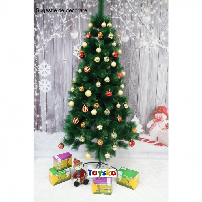 Brad artificial de Craciun tip pin, inaltime 180 cm, 260 ramuri cu ace 3D, verde, suport metalic [3]