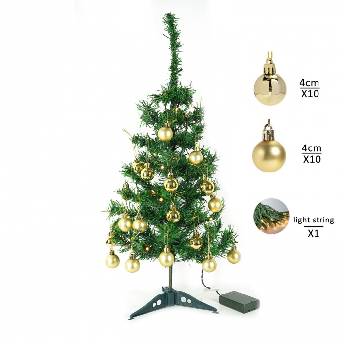 Brad Artificial Impodobit, 60 cm, instalatie luminoasa 20 LED alb cald + 20 globuri aurii incluse [2]