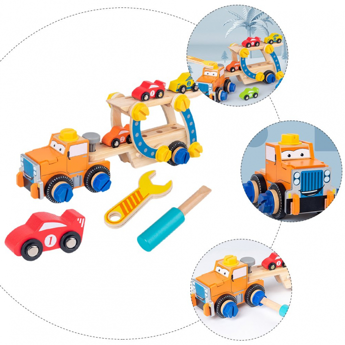 Camion din lemn demontabil cu platforma si masinute, multicolor [2]
