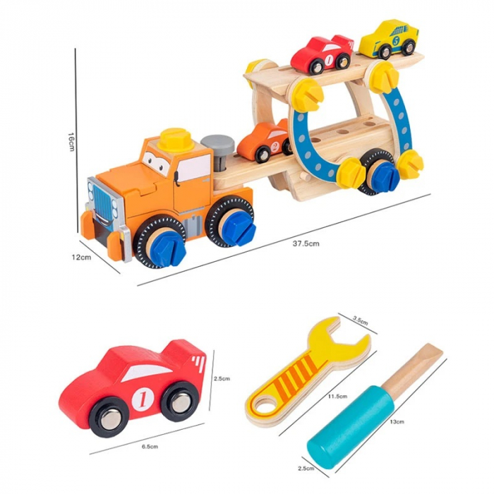 Camion din lemn demontabil cu platforma si masinute, multicolor [10]