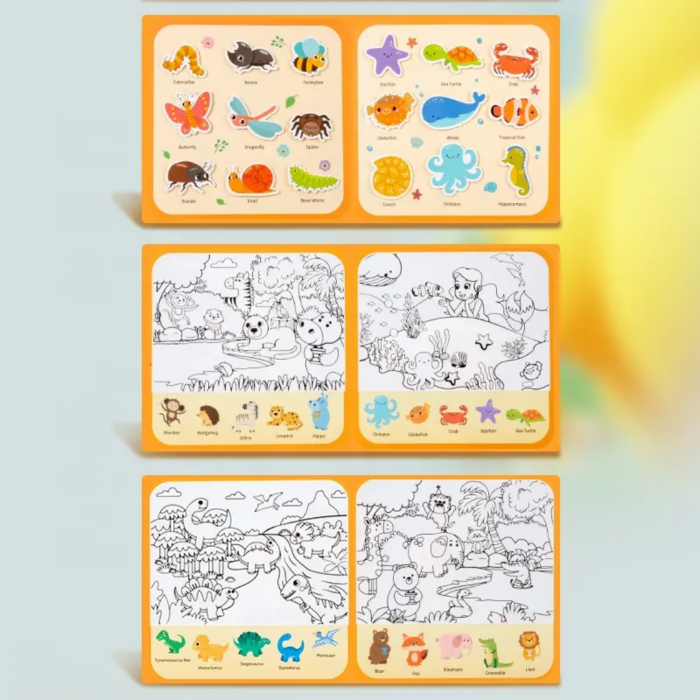 Carte educativa cu Stickere Reutilizabile si Pictura cu Apa Quiet Book Animale, multicolor [4]