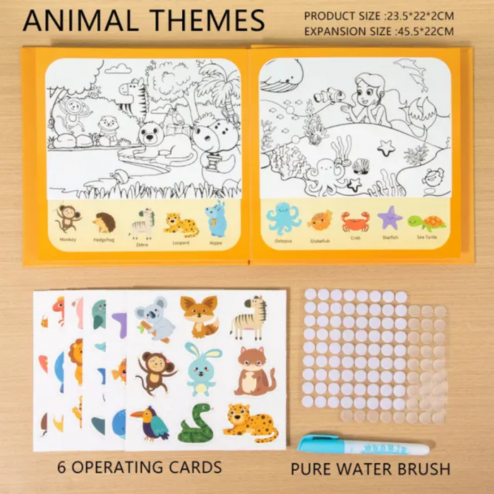 Carte educativa cu Stickere Reutilizabile si Pictura cu Apa Quiet Book Animale, multicolor [3]