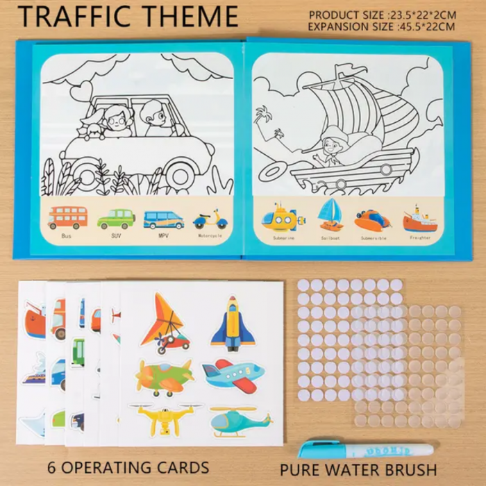 Carte educativa cu Stickere Reutilizabile si Pictura cu Apa Quiet Book Vehicule, multicolor [3]