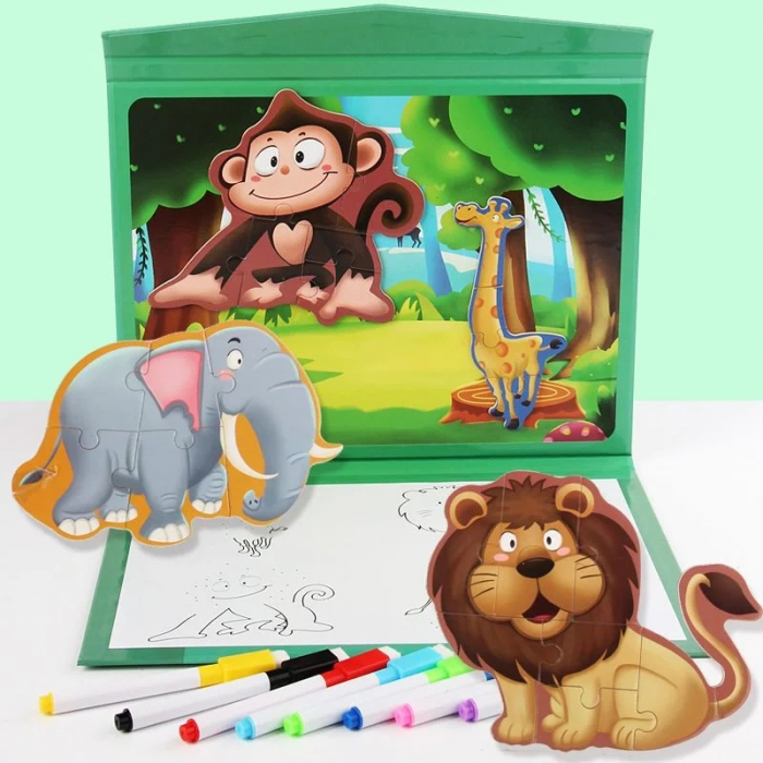 Carte magnetica 2 in 1 Puzzle si Desen pe Puncte Join the Dots - Animale Jungla [2]