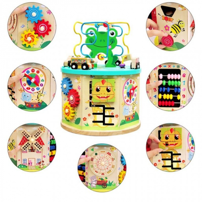 Cub educativ Montessori din lemn 10 in 1 Broscuta cu masinute si joc pescuit, multicolor [6]