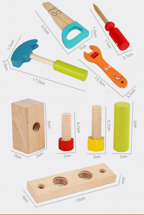 Centura cu scule de constructii si accesorii din lemn, 14 pcs, multicolor [8]