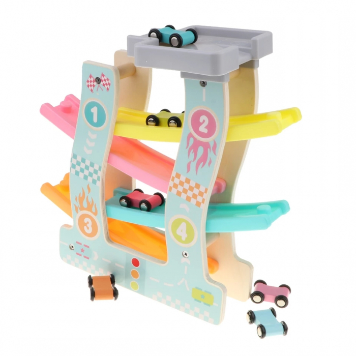 Circuit din lemn cu 4 piste si masinute, multicolor [4]