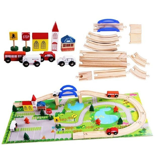 Circuit din lemn Rail Overpass cu masinute si covoras puzzle, 40 piese, multicolor [2]