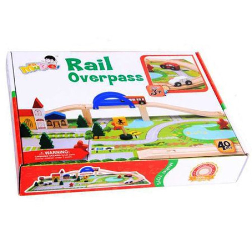 Circuit din lemn Rail Overpass cu masinute si covoras puzzle, 40 piese, multicolor [6]
