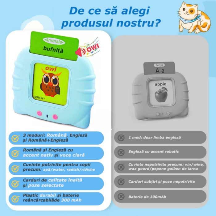 Cititor carduri in limba Romana si Engleza cu 448 cuvinte, 224 imagini, dezvoltare vocabular, albastru [3]