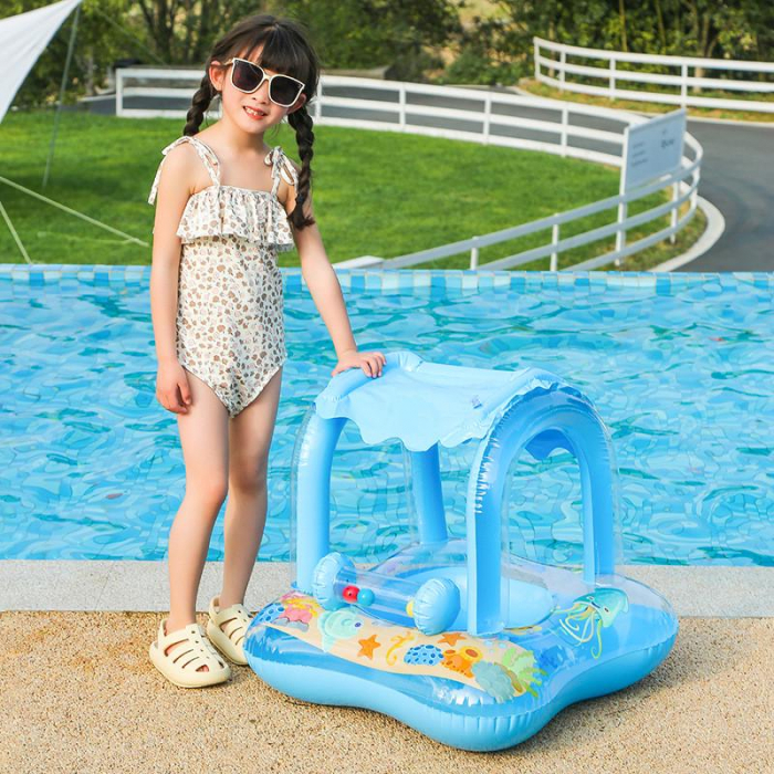 Colac gonflabil barcuta cu acoperis si suport pentru copii Kiddie Float, albastru [2]