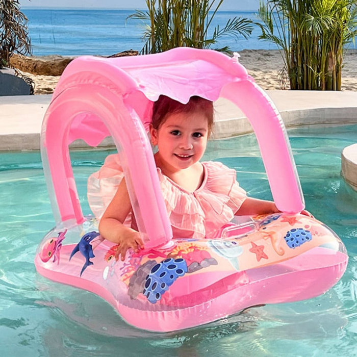 Colac gonflabil barcuta cu acoperis si suport pentru copii Kiddie Float, roz [2]