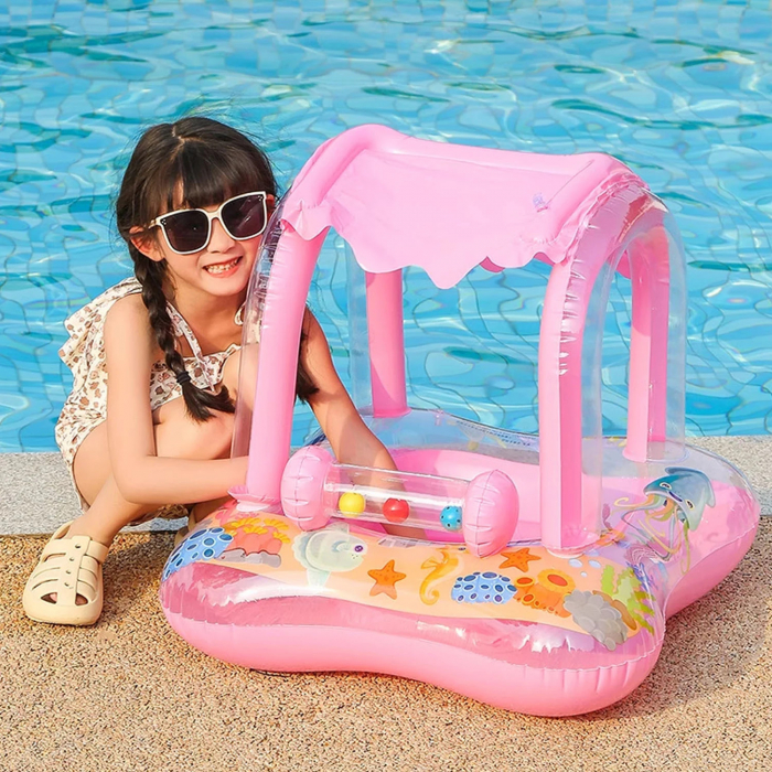 Colac gonflabil barcuta cu acoperis si suport pentru copii Kiddie Float, roz [3]