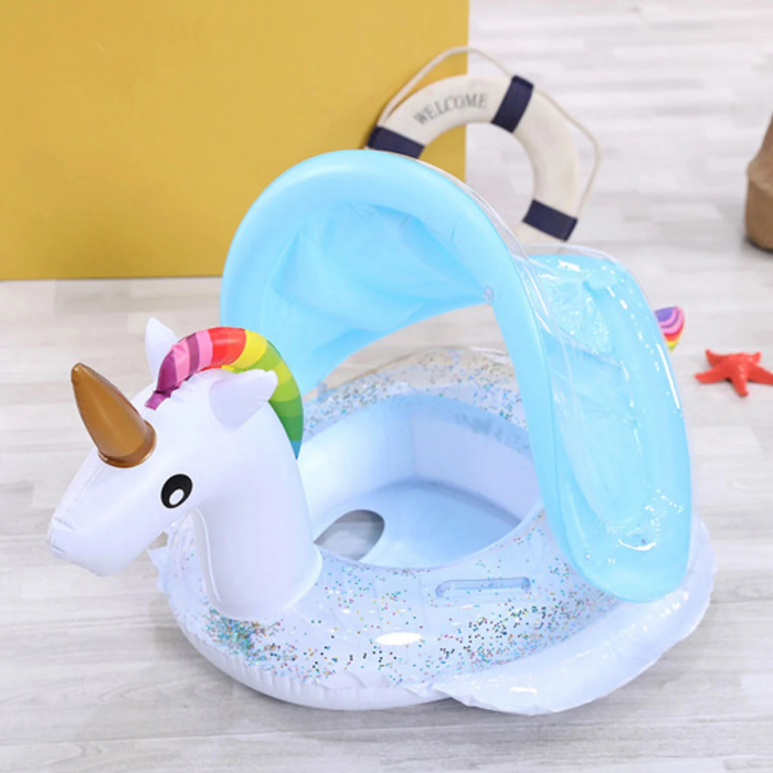 Colac gonflabil barcuta Unicorn cu Sclipici, parasolar detasabil si suport pentru copii, alb [3]