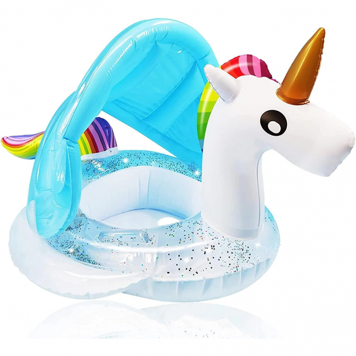 Colac gonflabil barcuta Unicorn cu Sclipici, parasolar detasabil si suport pentru copii, alb [1]