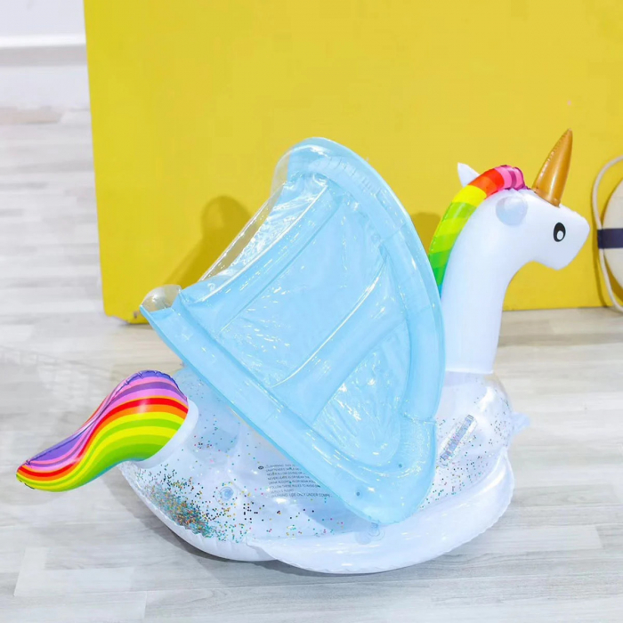 Colac gonflabil barcuta Unicorn cu Sclipici, parasolar detasabil si suport pentru copii, alb [4]