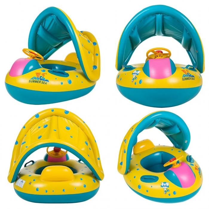 Colac gonflabil Summer Sea cu volan, acoperis si suport pentru copii, model Barcuta, multicolor [6]