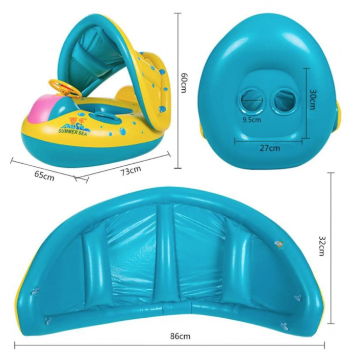 Colac gonflabil Summer Sea cu volan, acoperis si suport pentru copii, model Barcuta, multicolor [8]