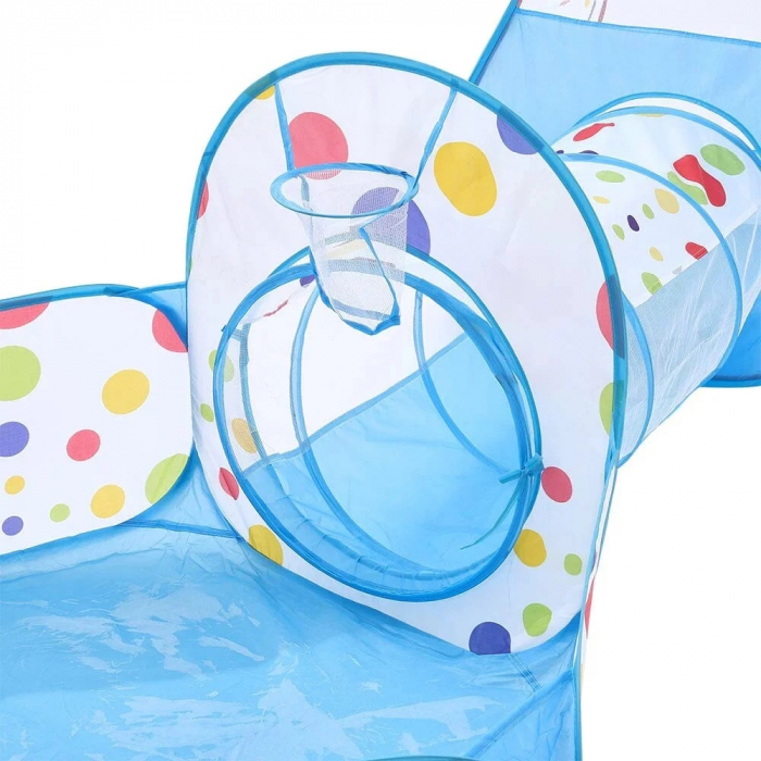 Cort de joaca 3 in 1 ideal pentru copii cu 100 de bile multicolore incluse, format din casuta, tunel intermediar si piscina, albastru [3]