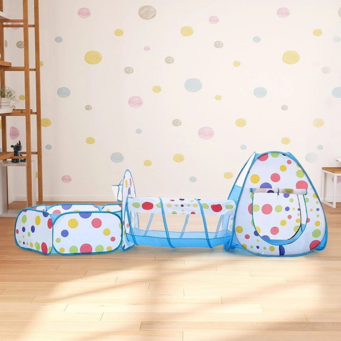 Cort de joaca 3 in 1 ideal pentru copii cu 100 de bile multicolore incluse, format din casuta, tunel intermediar si piscina, albastru [2]