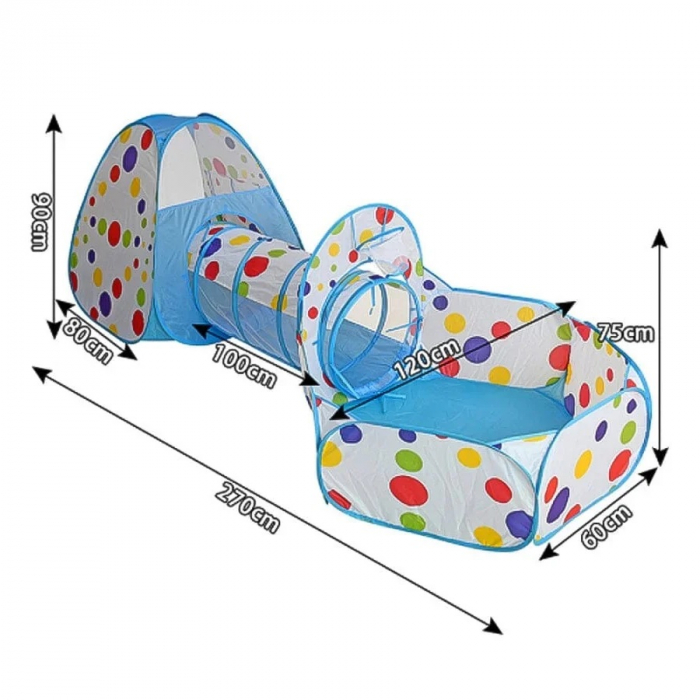 Cort de joaca 3 in 1 ideal pentru copii cu 100 de bile multicolore incluse, format din casuta, tunel intermediar si piscina, albastru [7]