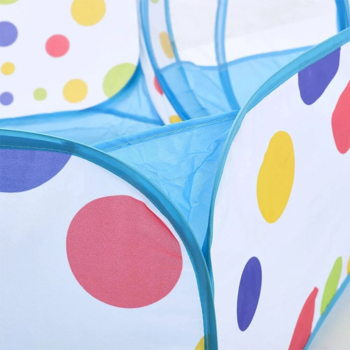 Cort de joaca 3 in 1 ideal pentru copii cu 100 de bile multicolore incluse, format din casuta, tunel intermediar si piscina, albastru [4]