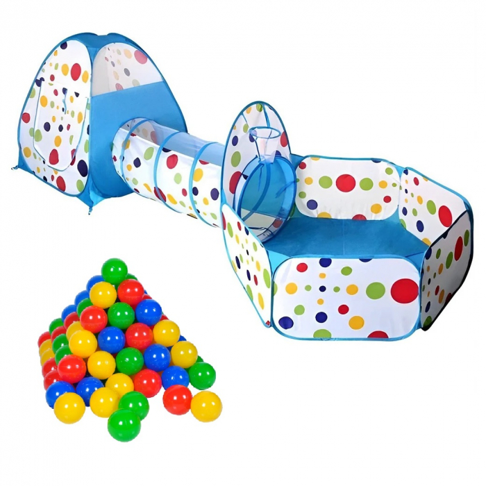 Cort de joaca 3 in 1 ideal pentru copii cu 100 de bile multicolore incluse, format din casuta, tunel intermediar si piscina, albastru [1]