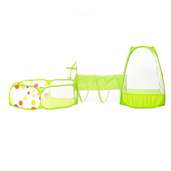 Cort de joaca 3 in 1 ideal pentru copii cu 100 de bile multicolore incluse, format din casuta, tunel intermediar si piscina, verde [3]
