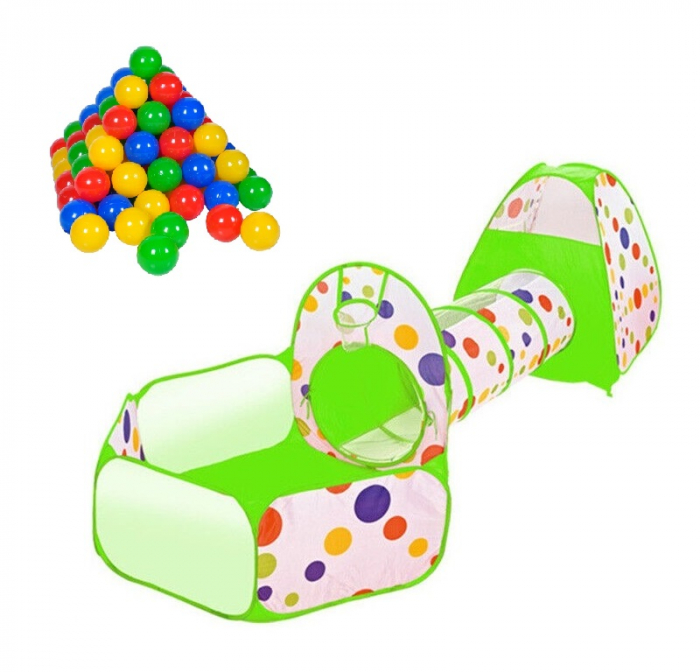 Cort de joaca 3 in 1 ideal pentru copii cu 100 de bile multicolore incluse, format din casuta, tunel intermediar si piscina, verde [1]