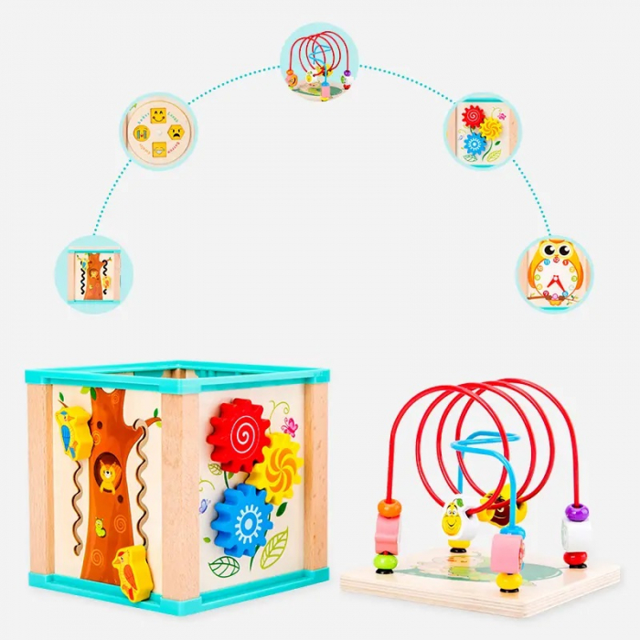 Cub educativ cu activitati Montessori din lemn Bufnita 5 in 1, multicolor [7]