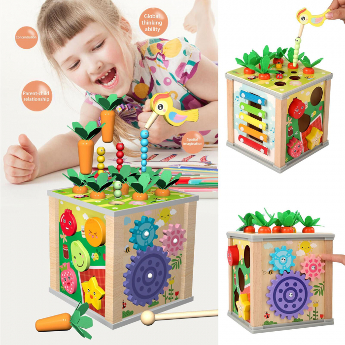 Cub educativ cu activitati Montessori din lemn 6 in 1, pescuit, xilofon, sortare, multicolor [9]