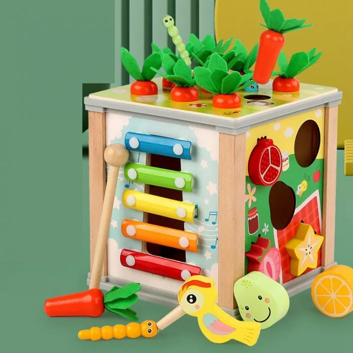 Cub educativ cu activitati Montessori din lemn 6 in 1, pescuit, xilofon, sortare, multicolor [7]