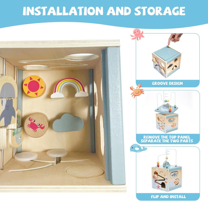 Cub educativ din lemn cu Animale Marine 5 in 1, multicolor [3]