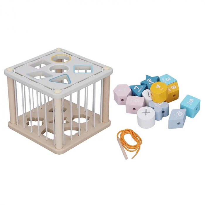 Cub educativ din lemn sortare forme geometrice si snuruit, 12 piese, multicolor [8]