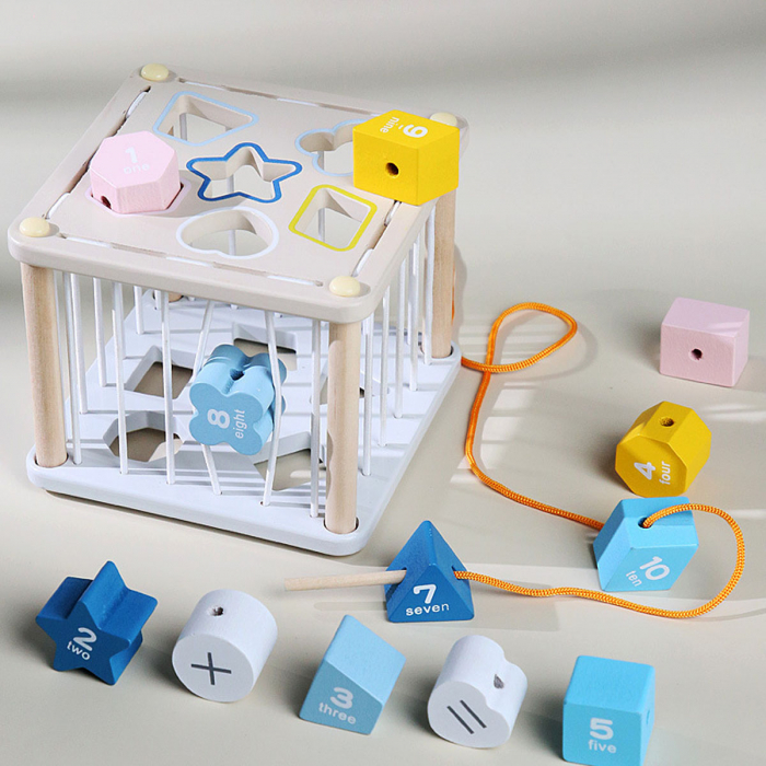 Cub educativ din lemn sortare forme geometrice si snuruit, 12 piese, multicolor [6]