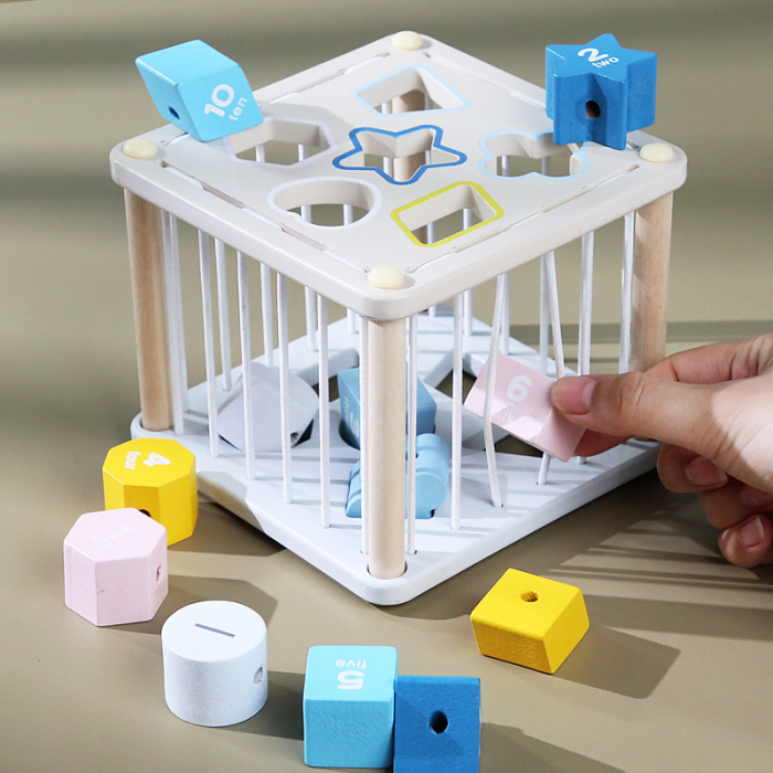Cub educativ din lemn sortare forme geometrice si snuruit, 12 piese, multicolor [4]