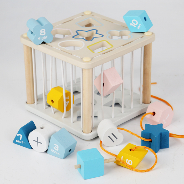 Cub educativ din lemn sortare forme geometrice si snuruit, 12 piese, multicolor [3]