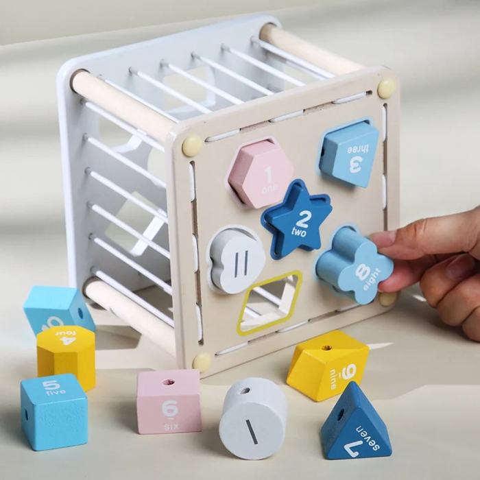 Cub educativ din lemn sortare forme geometrice si snuruit, 12 piese, multicolor [5]