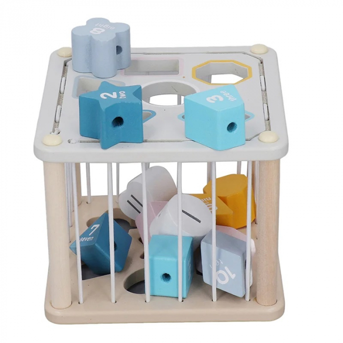 Cub educativ din lemn sortare forme geometrice si snuruit, 12 piese, multicolor [7]
