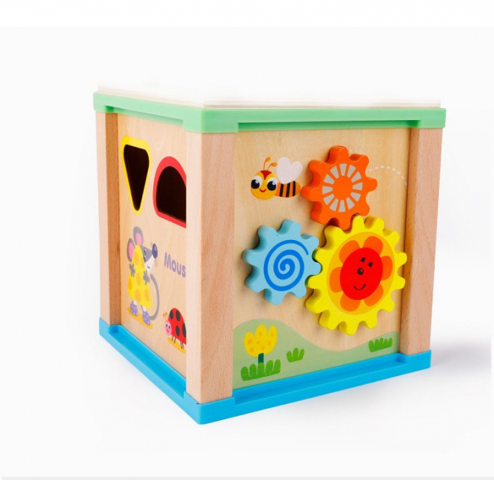Cub educativ lemn 5 in 1 cu tablita magnetica Rolling Beads Intelligence Box, multicolor [4]