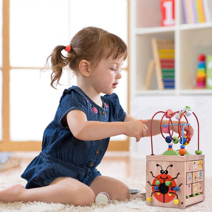 Cub educativ Montessori din lemn 6 in 1 cu activitati, ceas, numaratoare, labirinturi, roata [4]
