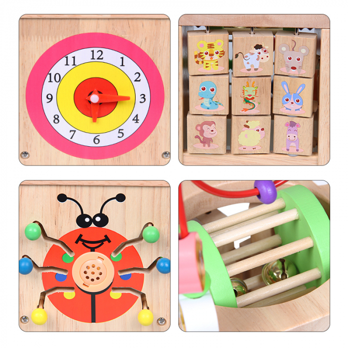 Cub educativ Montessori din lemn 6 in 1 cu activitati, ceas, numaratoare, labirinturi, roata [5]