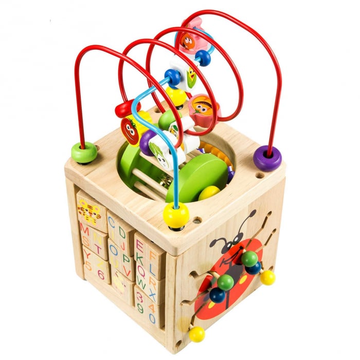 Cub educativ Montessori din lemn 6 in 1 cu activitati, ceas, numaratoare, labirinturi, roata [2]