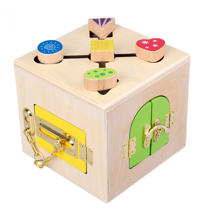 Cub educativ Montessori din lemn cu incuietori si labirint, multicolor [1]